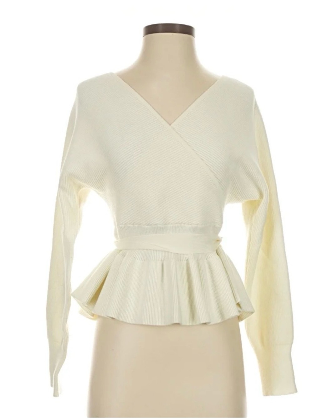 Cream Wrap V-Neck Peplum Sweater Elegant Dressy Sweater Nighttime Fall Winter